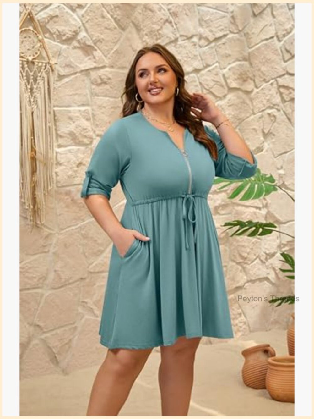Plus Size Casual Roll Up 3/4 Sleeve V Neck Zipper Tie Waist Flowy Dress with - Picture 5 of 7